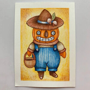 OOAK Vintage Halloween Pumpkin Harvest ACEO ATC Original Art Card
